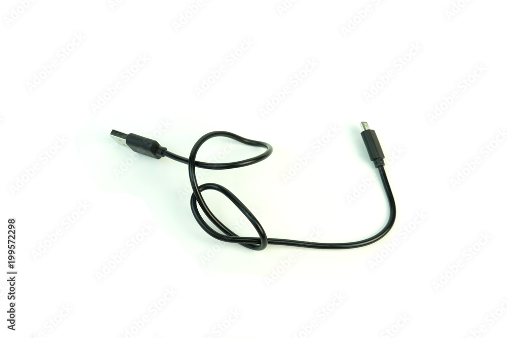 The usb wire is black. Photo on white background. The usb wire is black. Photo on white background.