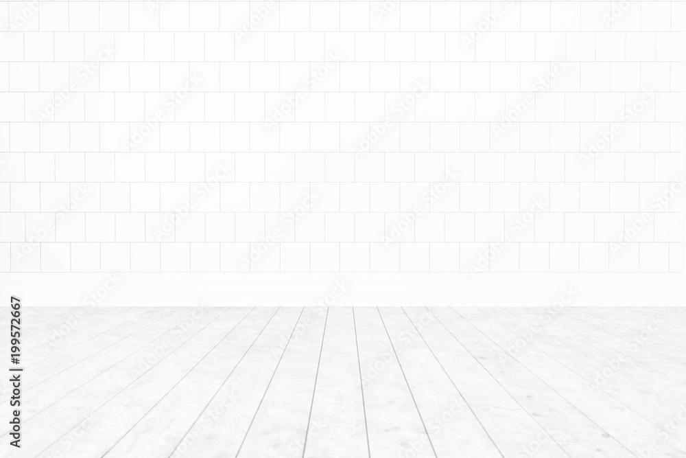 Blank room white tile wall ,white wooden floor minimal interior background for design,3D rendering