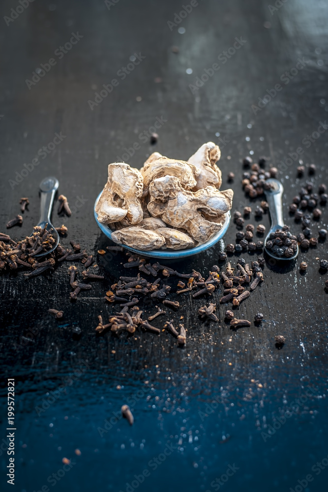 Close up of ayurvedic herb or folk medicine Dried Ginger or Zingiber