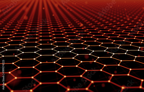 Futuristic Hexagon Pattern Abstract Background. 3d Render Illustration. Space surface. Dark sci-fi backdrop. Dots and lines connections. Science and technology concept. Big data macro wireframe.
