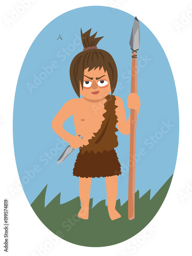 primitive warrior with spear vector cartoon