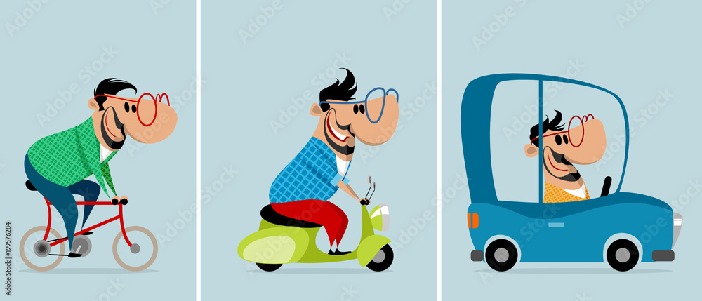 Three men on different vehicles