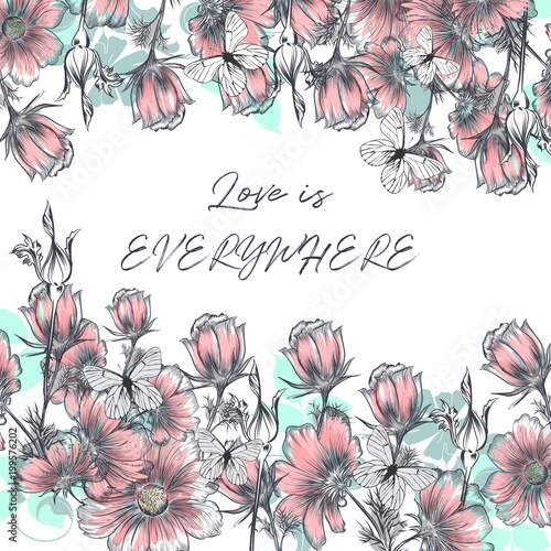 Beautiful illustration with hand drawn  cosmos flowers and butterflies in engraved and watercolor style
