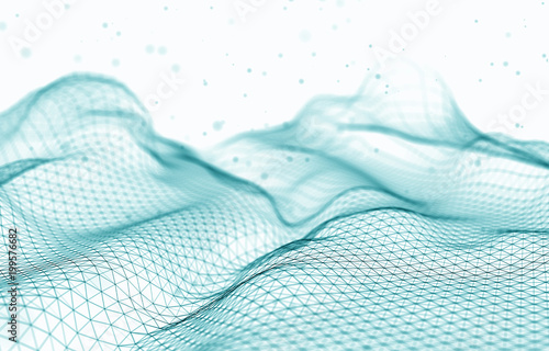 Abstract Futuristic 3d Render Illustration. Plexus polygonal background. Wireframe landscape concept. Dark sci-fi backdrop. Dots and lines connections. Space surface. Big data macro wireframe.