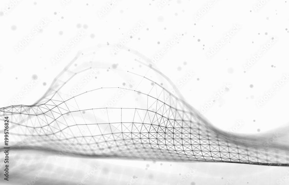 Abstract Futuristic 3d Render Illustration. Plexus polygonal background. Wireframe landscape concept. Dark sci-fi backdrop. Dots and lines connections. Space surface. Big data macro wireframe.