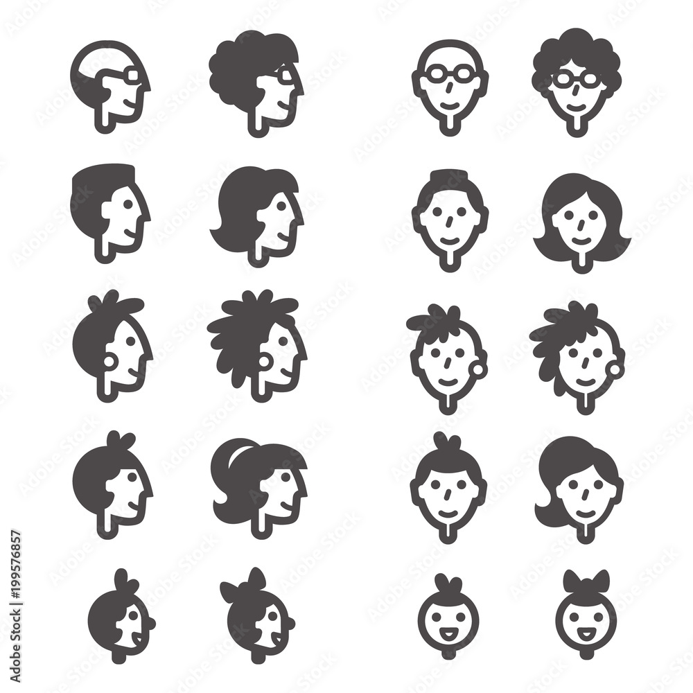 Line heads with faces of babies, girl and boy, teenagers, man and woman, grandmother and grandfather in front and side view