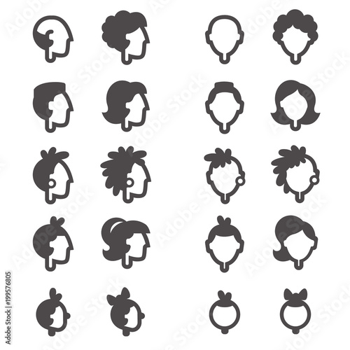 Line heads with hair of babies, girl and boy, teenagers, man and woman, grandmother and grandfather in front and side view