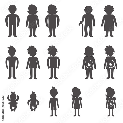 Glyph silhouettes without faces of babies, girl and boy, teenagers, man and woman, grandmother and grandfather, third sex, all in front view