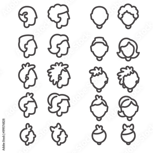 Line heads without faces of babies, girl and boy, teenagers, man and woman, grandmother and grandfather in front and side view