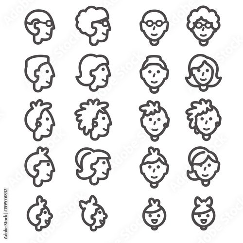 Line heads with faces of babies, girl and boy, teenagers, man and woman, grandmother and grandfather in front and side view