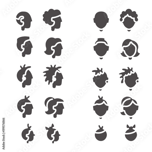 Glyph silhouettes of babies, girl and boy, teenagers, man and woman, grandmother and grandfather in front and side view