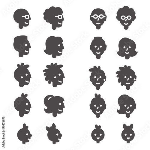 Glyph silhouettes with faces of babies, girl and boy, teenagers, man and woman, grandmother and grandfather in front and side view