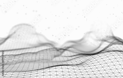 Abstract Futuristic 3d Render Illustration. Plexus polygonal background. Wireframe landscape concept. Dark sci-fi backdrop. Dots and lines connections. Space surface. Big data macro wireframe.