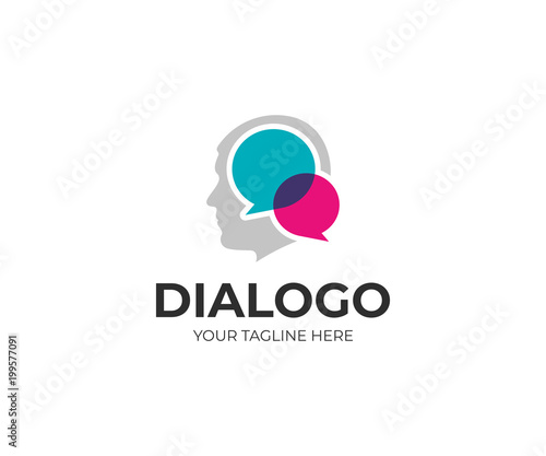 Man social communication logo template. Men head and chat vector design. Human face and speech bubble logotype