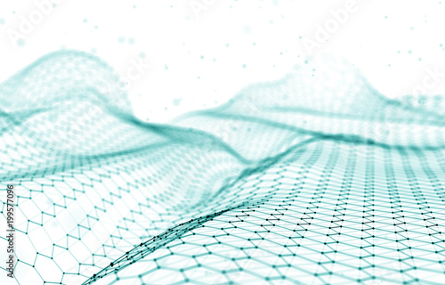Abstract Futuristic 3d Render Illustration. Plexus polygonal background. Wireframe landscape concept. Dark sci-fi backdrop. Dots and lines connections. Space surface. Big data macro wireframe.