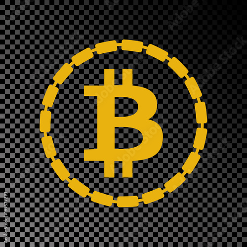 Golden bitcoin coin symbol with gold chain around. Crypto currency golden coin bitcoin icon isolated on black transparent background. Flat vector illustration.