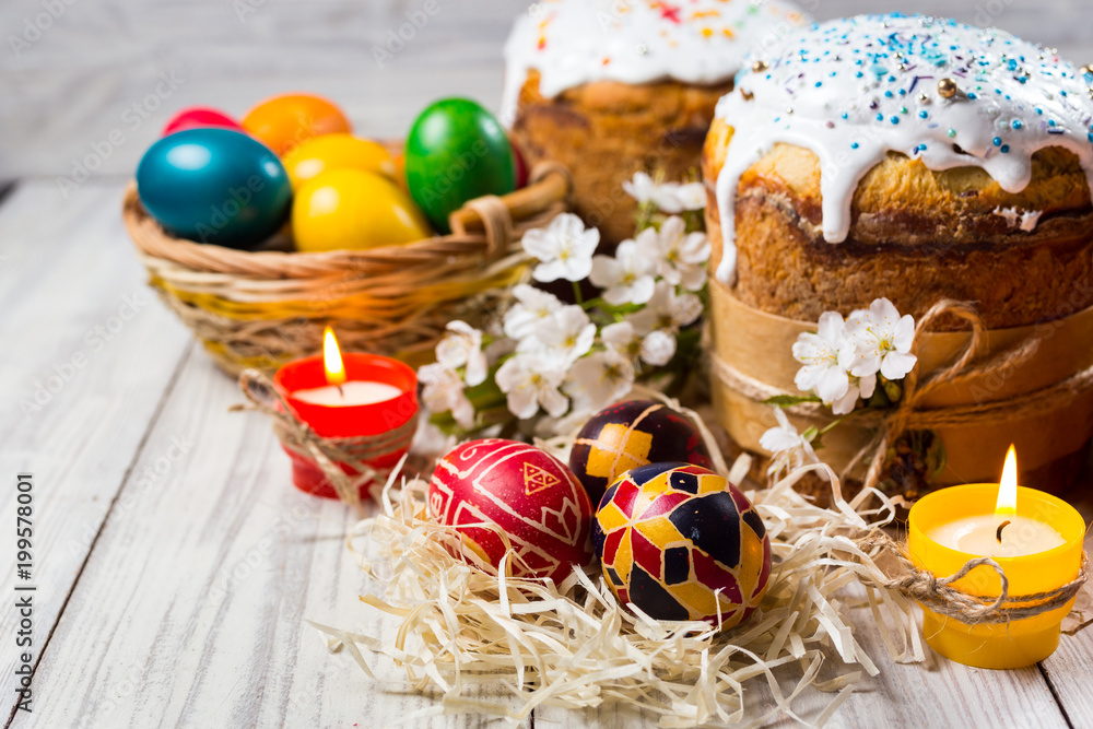 Congratulatory easter background with cake and eggs ready for celebrations Congratulatory easter background with cake and eggs ready for celebrations