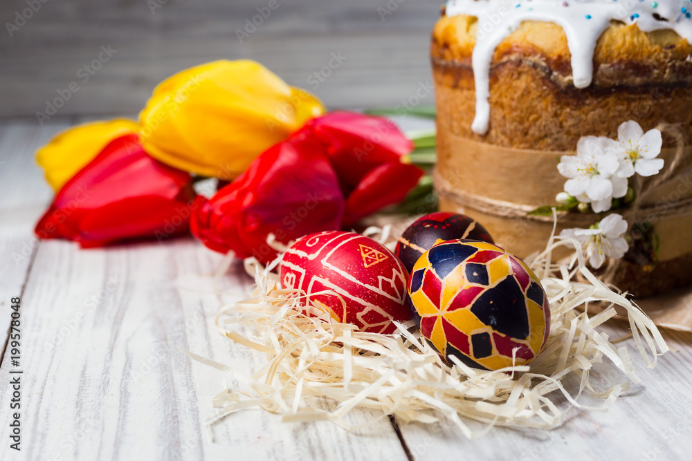 16 of April 2017 - Vinnitsa, Ukraine. Congratulatory easter background with cake and eggs ready for celebrations