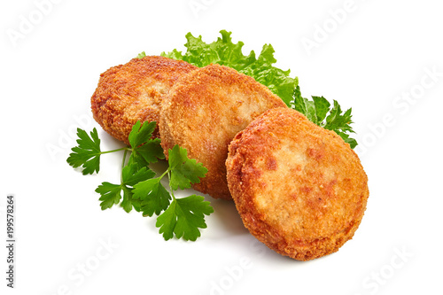 Fried breaded cutlet isolated on white background