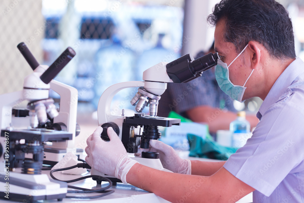 Scientist looking through a microscope in a laboratory Scientist looking through a microscope in a laboratory