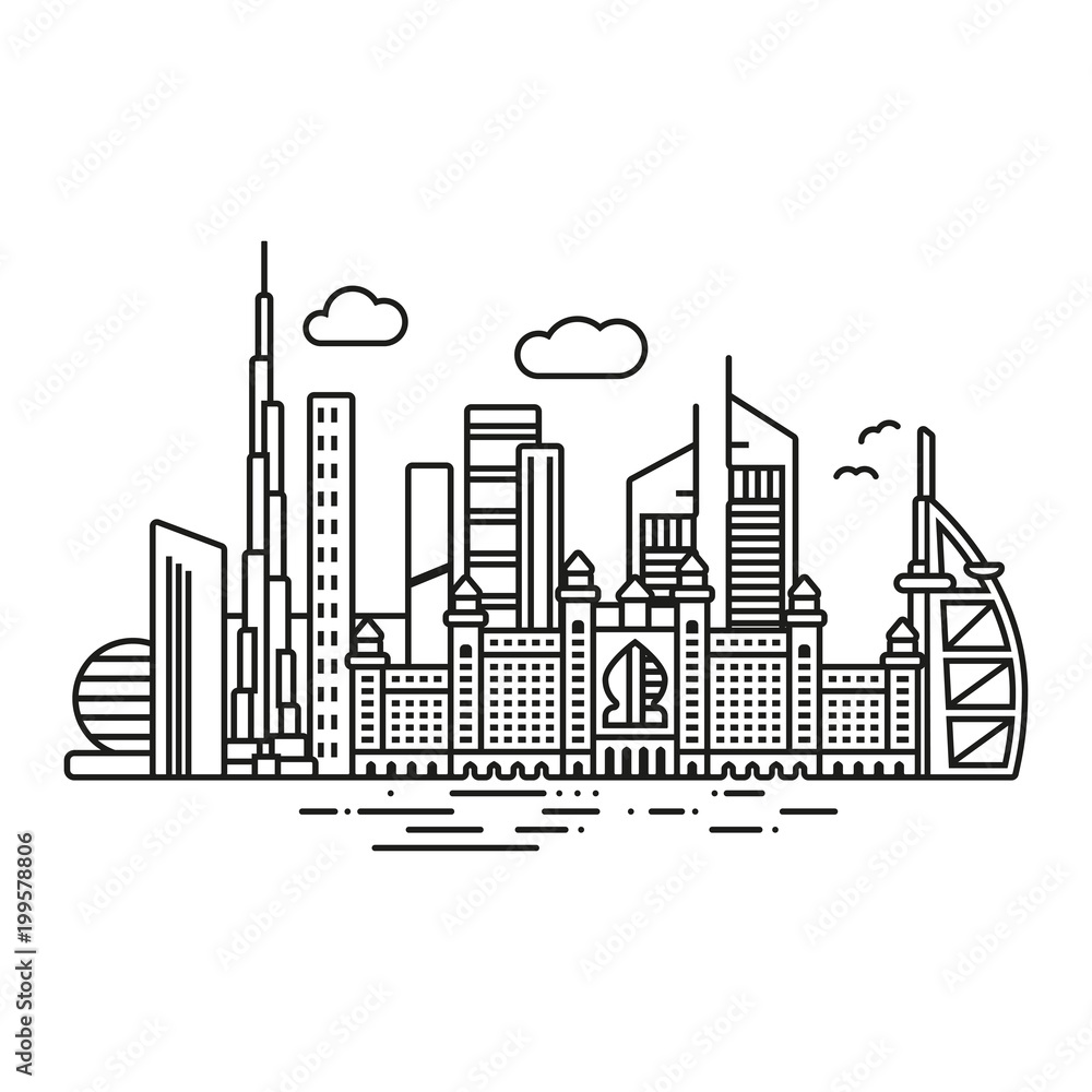 Dubai cityscape  line icon style vector illustration