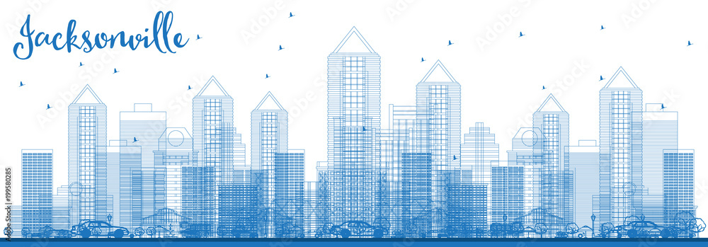 Outline Jacksonville Florida USA City Skyline with Blue Buildings.