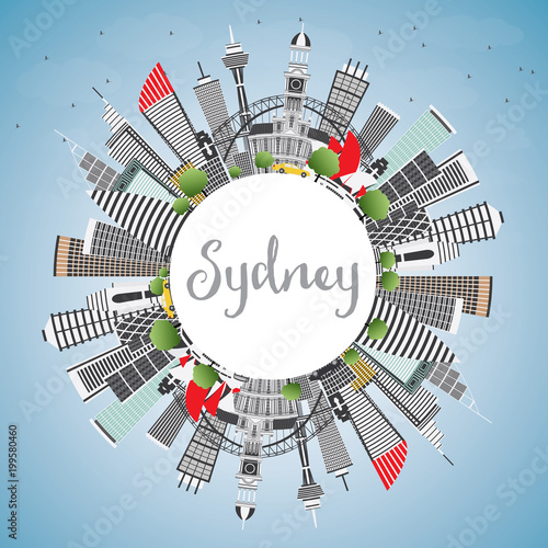 Outline Sydney Australia City Skyline with Blue Buildings and Copy Space.