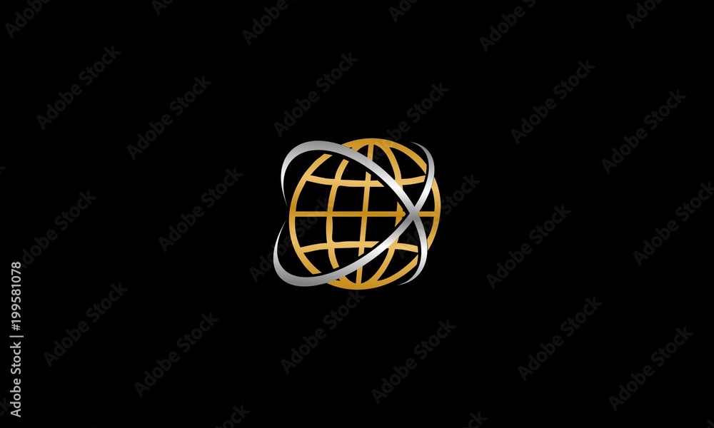 Globe sign. Golden globe logo. Creative logo, vector golden textured sphere ball with ornament and stripes Globe sign. Golden globe logo. Creative logo, vector golden textured sphere ball with ornament and stripes