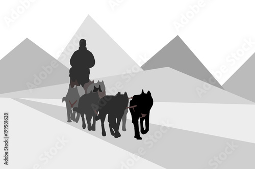 Dog sledding with mountains, simple illustration