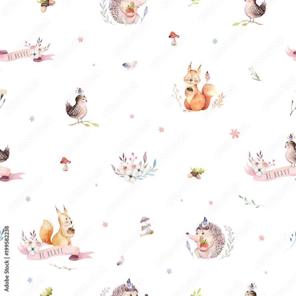 Watercolor seamless pattern of cute baby cartoon hedgehog, squirrel and moose animal for nursary, woodland forest illustration for children. Forest backgraund Watercolor seamless pattern of cute baby cartoon hedgehog, squirrel and moose animal for nursary, woodland forest illustration for children. Forest backgraund