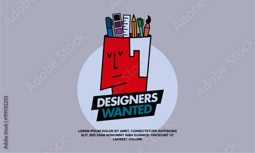 We are Hiring Designers/Creative People/Interns/Young Designers. Vector illustration of a designer and his creative tools—pencil, brush, marker, ruler, colour palette