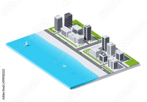 City by the ocean. Isometric low poly vector illustration.