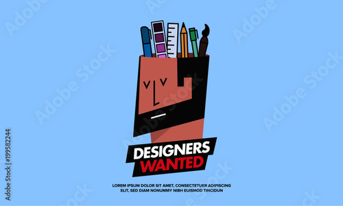 We are Hiring Designers/Creative People/Interns/Young Designers. Vector illustration of a designer and his creative tools—pencil, brush, marker, ruler, colour palette