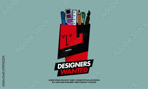 We are Hiring Designers/Creative People/Interns/Young Designers. Vector illustration of a designer and his creative tools—pencil, brush, marker, ruler, colour palette