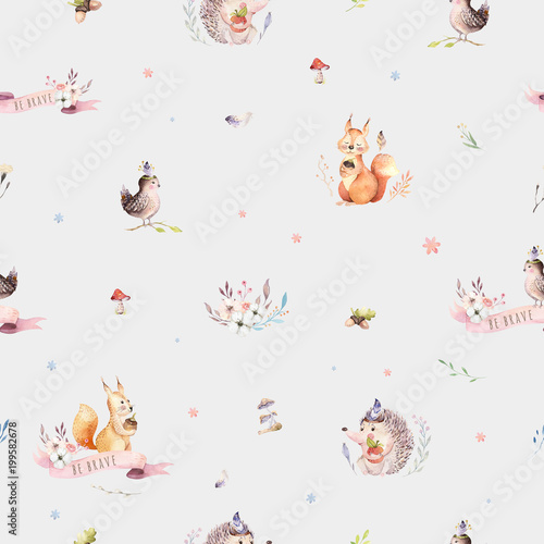 Watercolor seamless pattern of cute baby cartoon hedgehog  squirrel and moose animal for nursary  woodland forest illustration for children. Forest backgraund