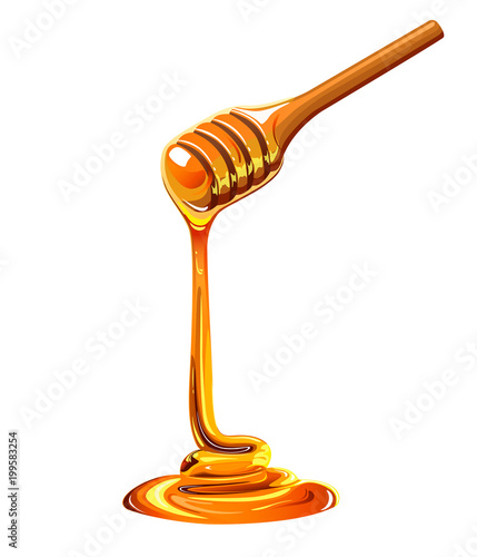 Dripping honey on wooden spoon 