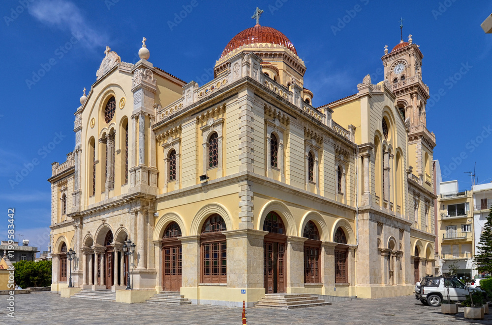 Heraklion, Crete Island / Greece: The Agios Minas Cathedral is a Greek Orthodox Cathedral in Heraklion, serving as the seat of the Archbishop of Crete. Sunny day, blue sky