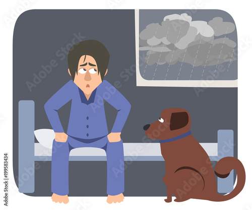 sad dog's owner waking up in the rainy morning