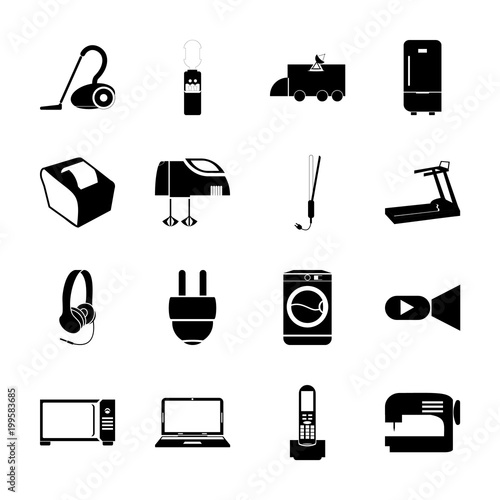 icon Electronic with vacuum cleaner, shoot, currency, cinem and picture