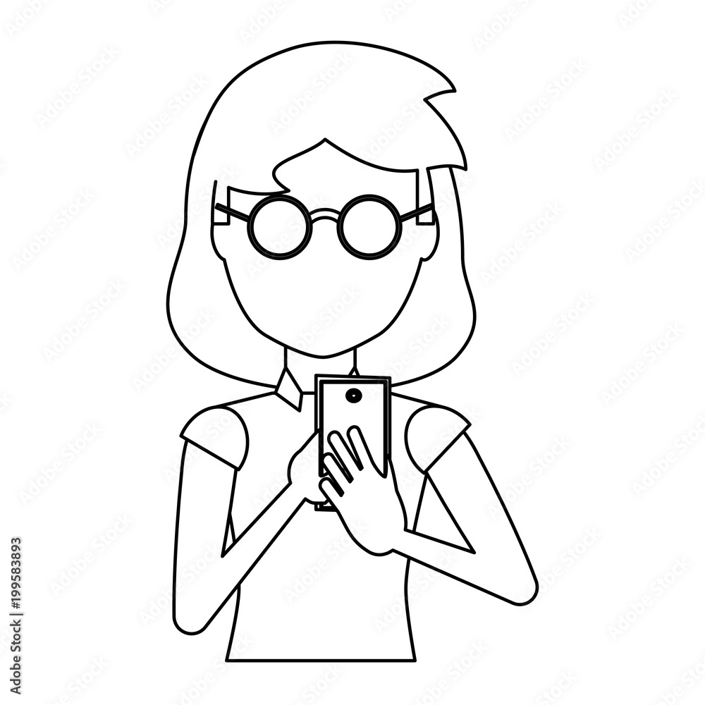 avatar young woman with glasses and using a cellphone over white background, vector illustration