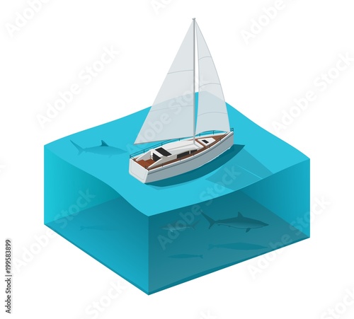 Yacht in the ocean with sharks. Isometric vector illustration
