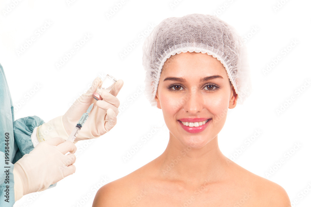 Aging facial treatment concept. Doctor injecting botox to beautiful young woman isolated on white background. Aging facial treatment concept. Doctor injecting botox to beautiful young woman isolated on white background.