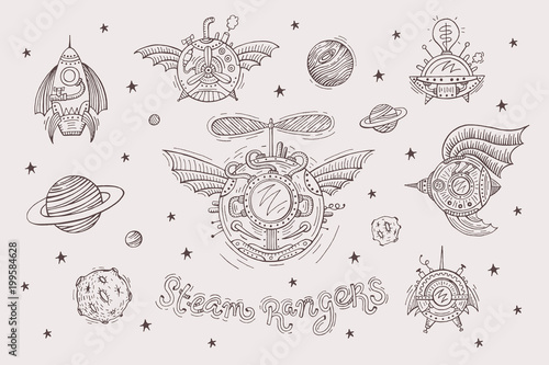 Steampunk set with spacecrafts