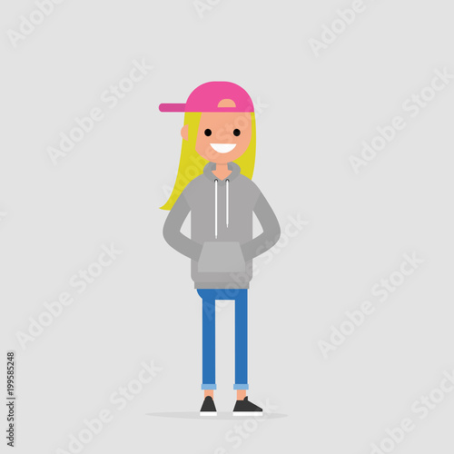 Young female character wearing grey hoodie and blue jeans. Casual daily style. Millennial lifestyle. Flat editable vector illustration, clip art