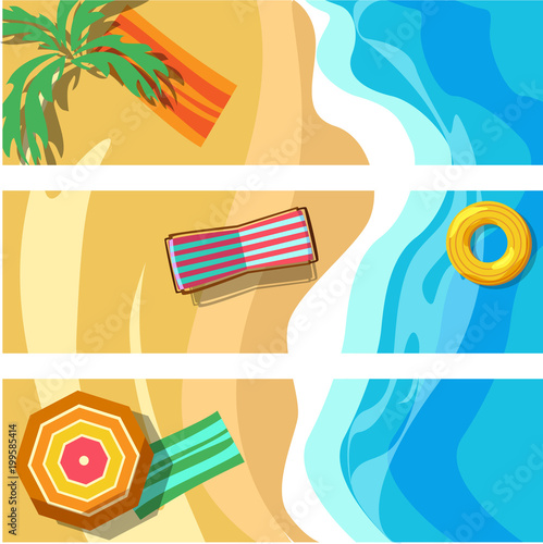 Vacation card with beach and chaise-longues.