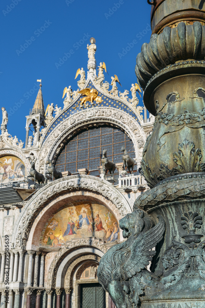 Saint Marks Basilica, Cathedral, Church Statues Mosaics Details Doge's Palace Venice Italy.
