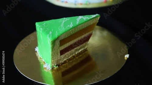 closeup small piece of mousse green cake photo