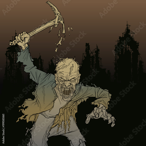 cartoon zombie man with a pick in his hand in the ruins of the city