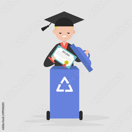 Crisis of education. Disappointed graduate throwing out the diploma. Paper recycling container. Flat editable vector illustration, clip art