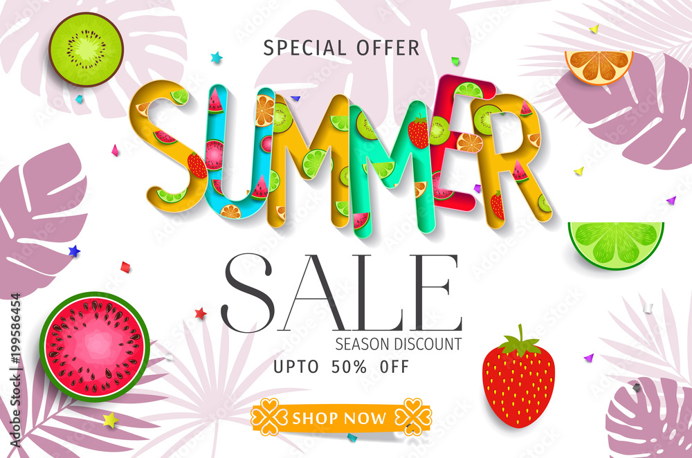 Naklejka premium Summer sale banner with fruits background and exotic palm leaves, hibiscus flowers.